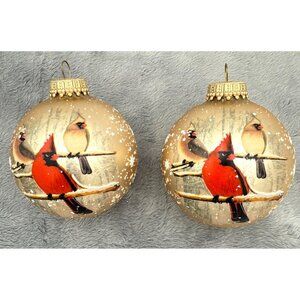 Two Cardinal Glass Christmas Ornaments Gold Frosted Hope, Love, Joy 3"